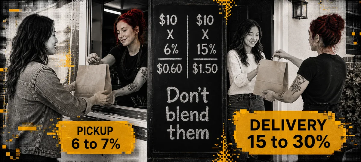 Split chalkboard showing pickup fee math on the left and delivery fee math on the right with different percentages
