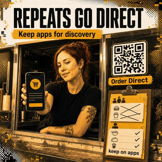Food truck window with a QR code for direct ordering next to a crossed-out stack of marketplace fee receipts