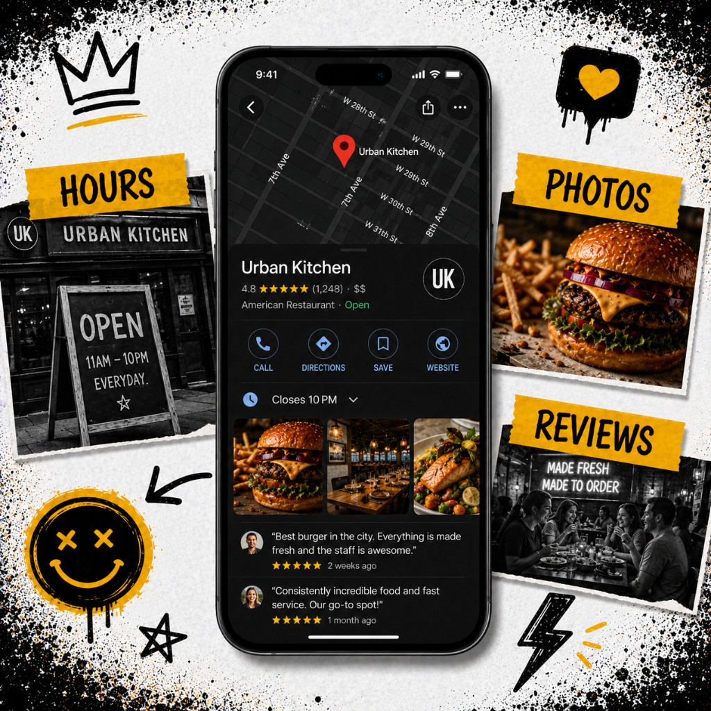 Google Business Profile on a phone showing hours, photos, and reviews that drive local search signals