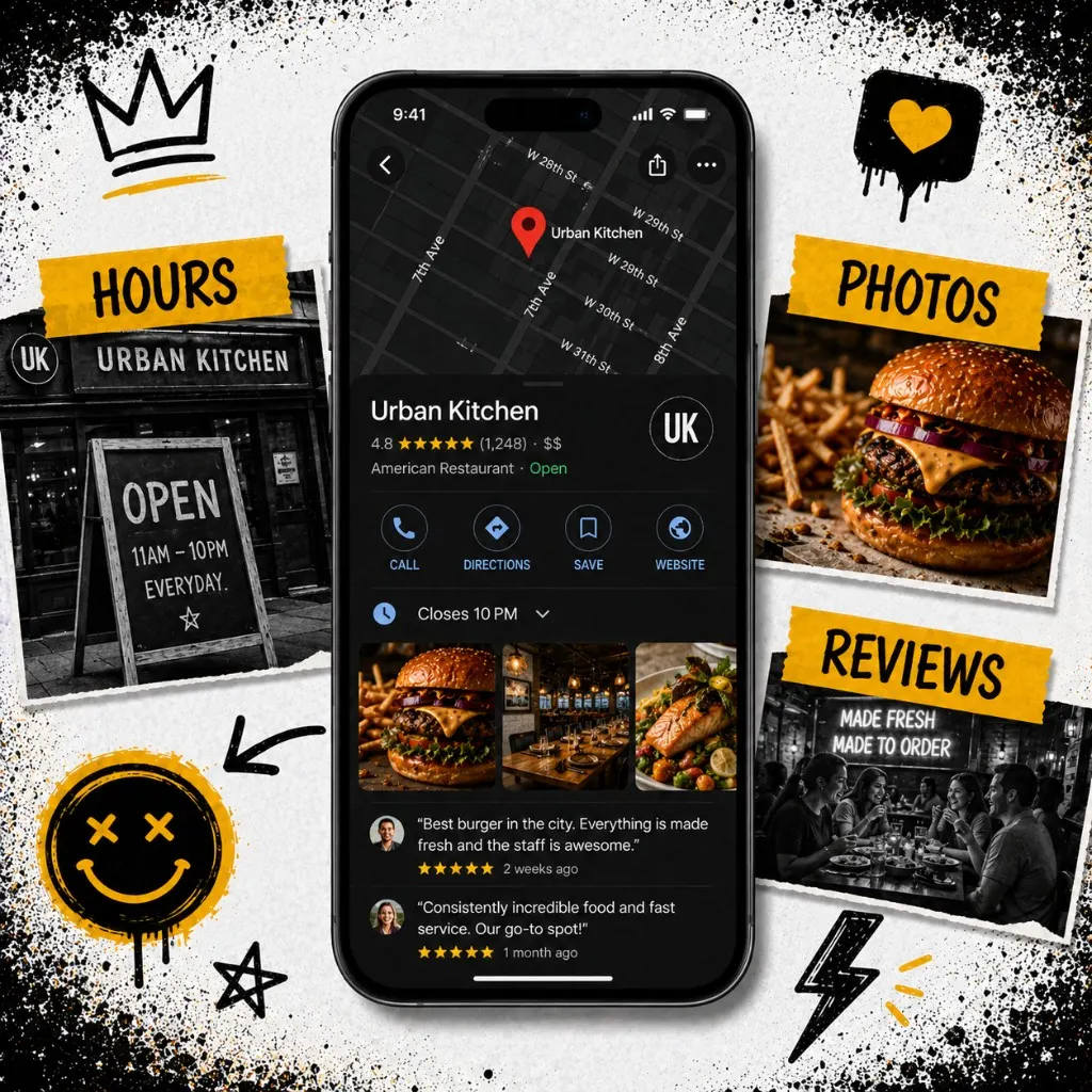 Google Business Profile on a phone showing hours, photos, and reviews that drive local search signals