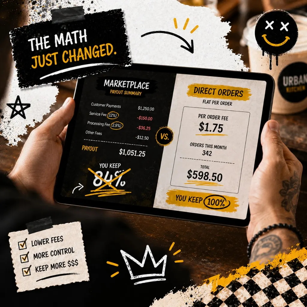 Comparison of marketplace commission fees versus direct ordering customer ownership for restaurants