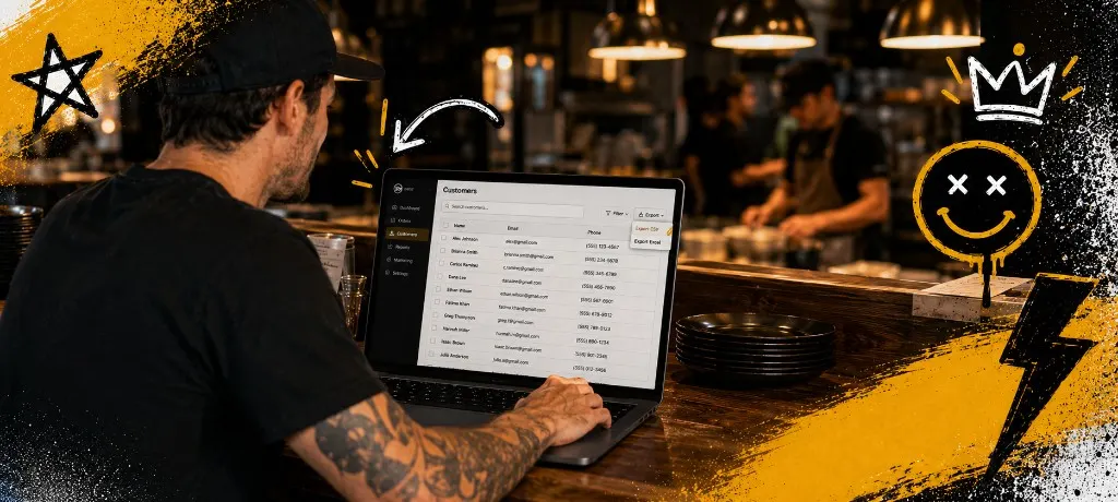 Restaurant owner reviewing a direct ordering customer list and order dashboard on a laptop