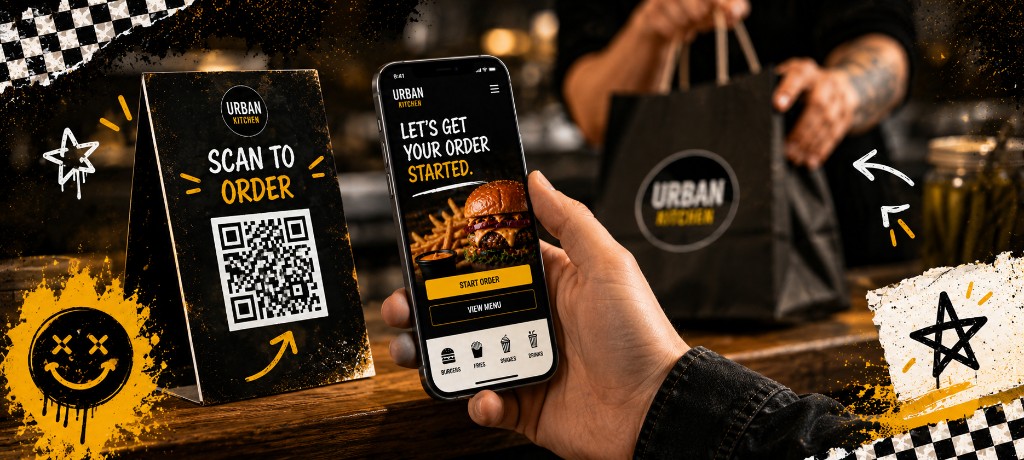 Hand holding a phone on the direct order screen beside a table tent QR that says scan to order