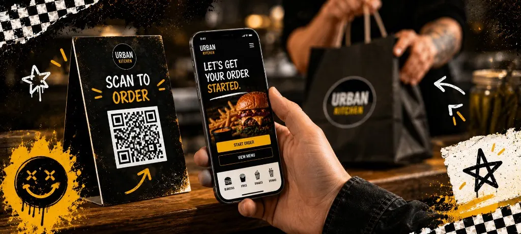 Hand holding a phone on the direct order screen beside a table tent QR that says scan to order
