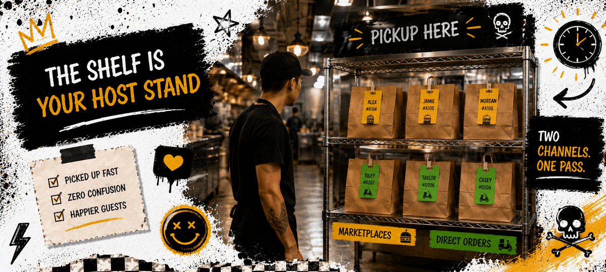 Expediter at the pass managing marketplace and direct order tablets with color-coded delivery bags on the counter