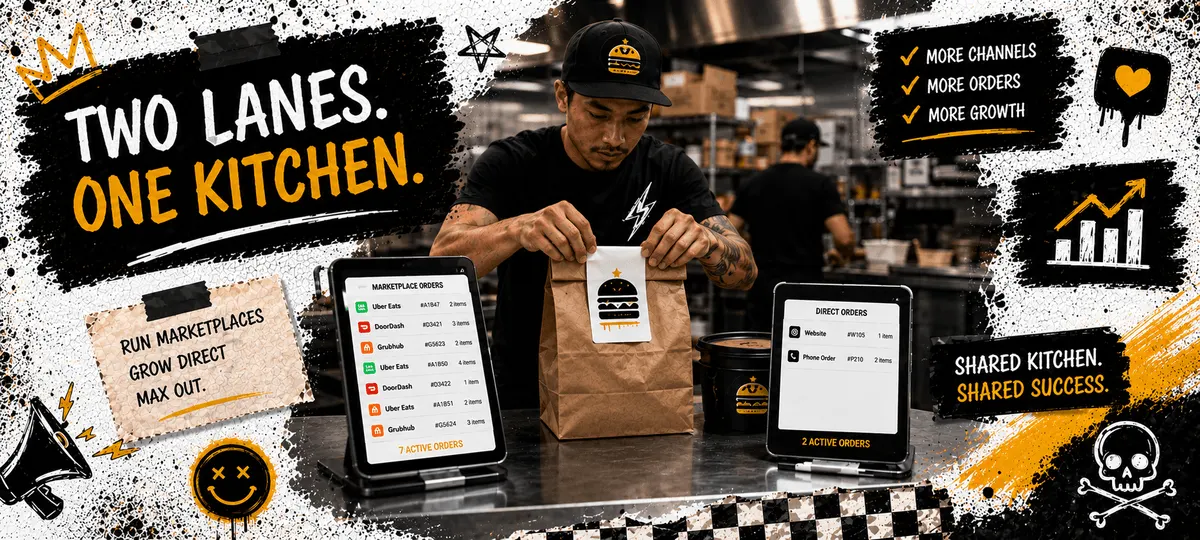 Ghost kitchen operator sealing a delivery bag between marketplace and direct order tablets at a shared commercial pass