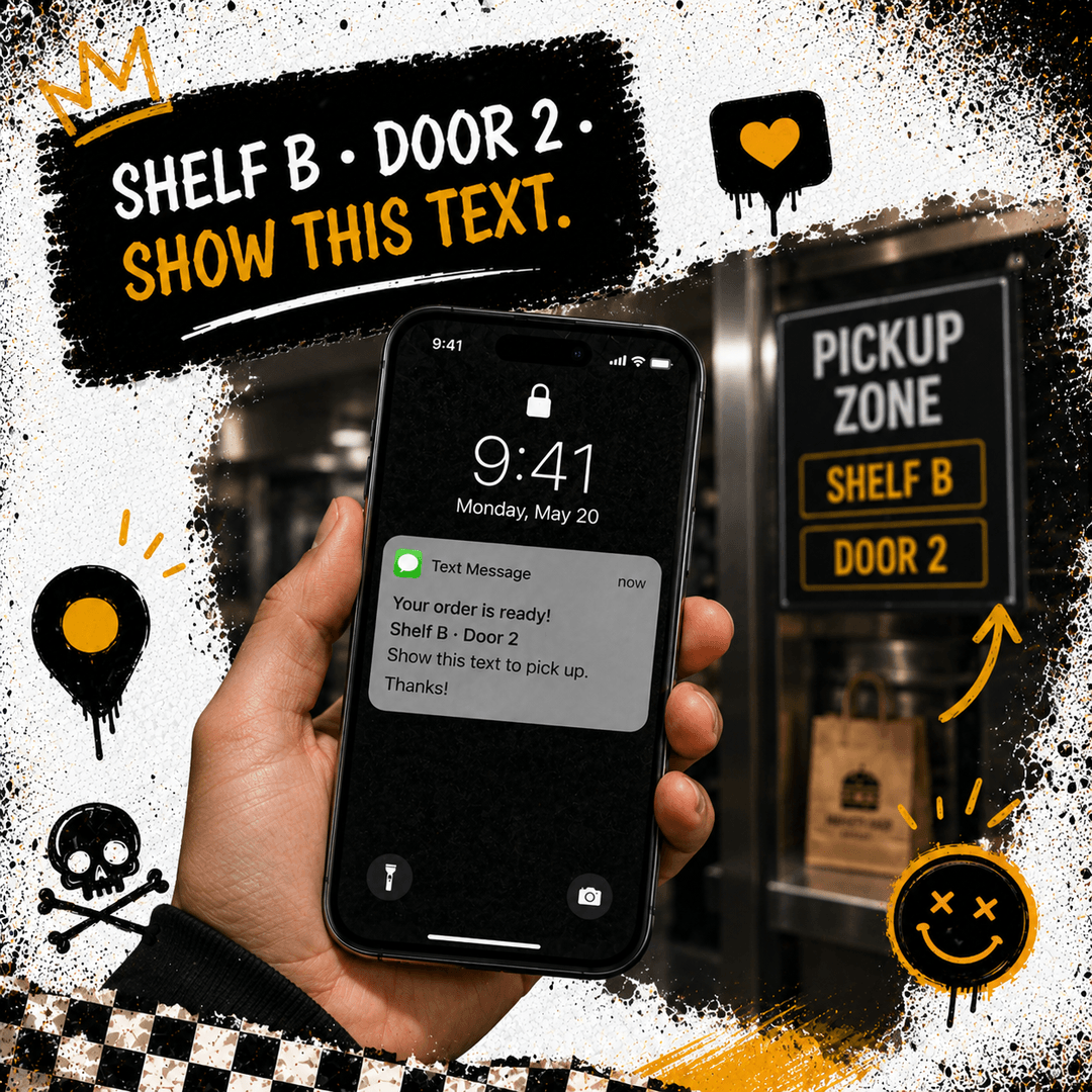 Guest holding a phone showing a pickup SMS with shelf B and door 2 beside a matching pickup zone sign
