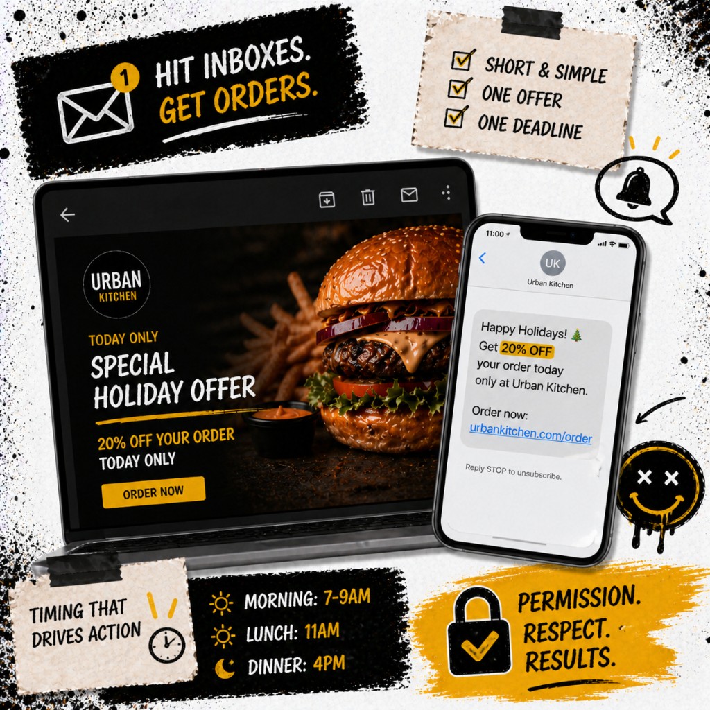 Email and SMS holiday offer example emphasizing one offer, one deadline, and a clear order link