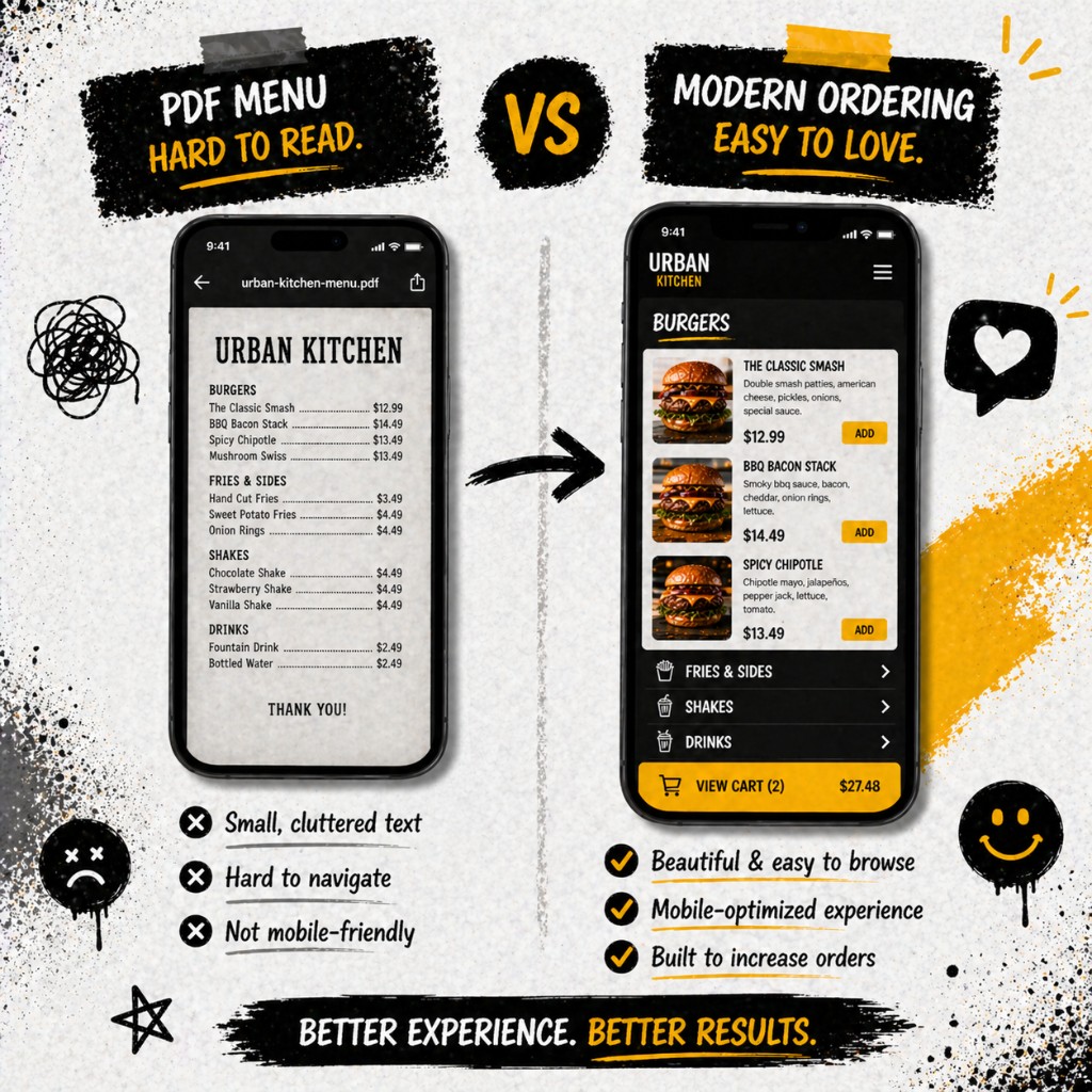 Side-by-side comparison of a PDF menu versus a modern mobile ordering menu experience