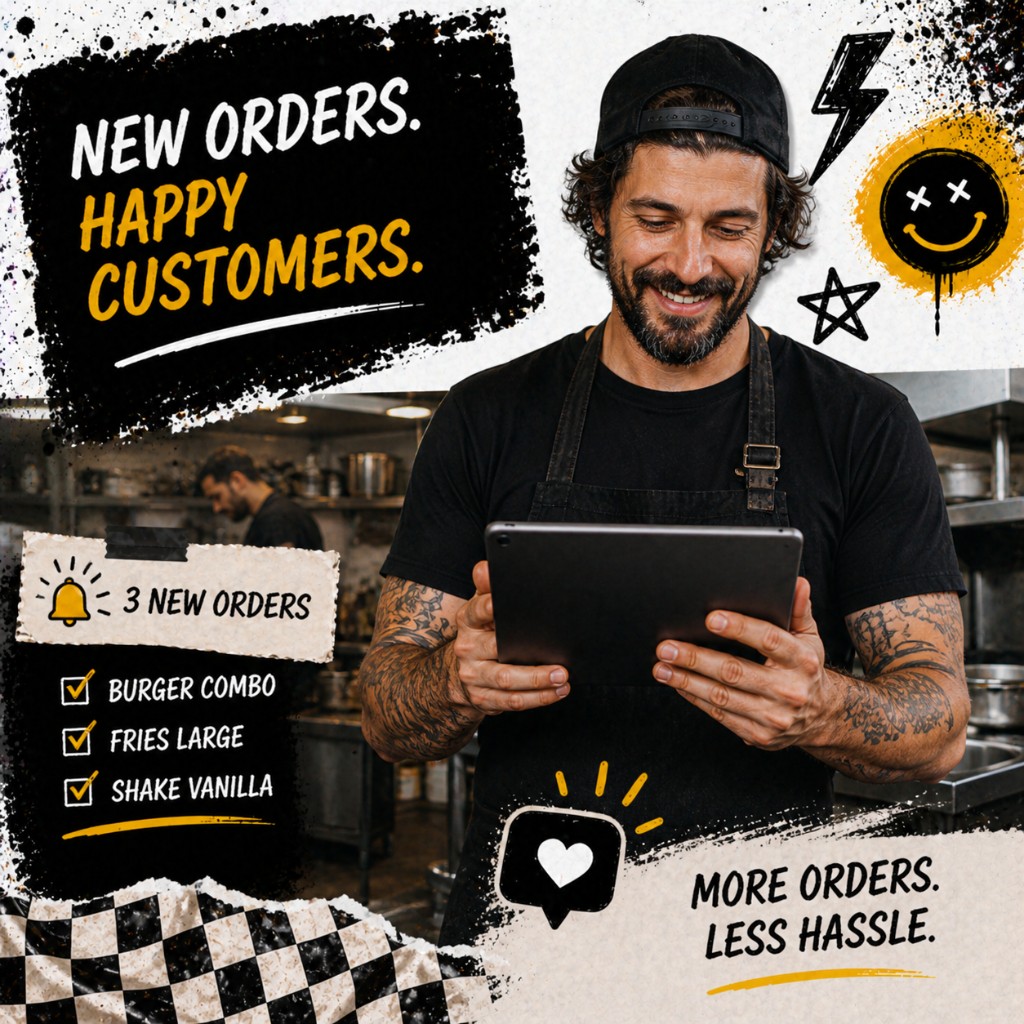 Kitchen staffer reviewing incoming orders on a tablet with a message about more orders and less hassle