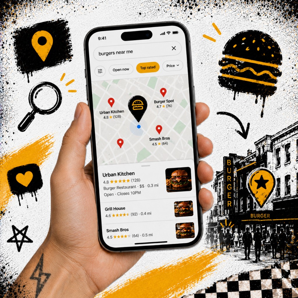 Phone showing map results for a restaurant search with star ratings