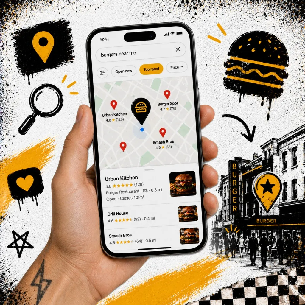 Phone showing map results for a restaurant search with star ratings