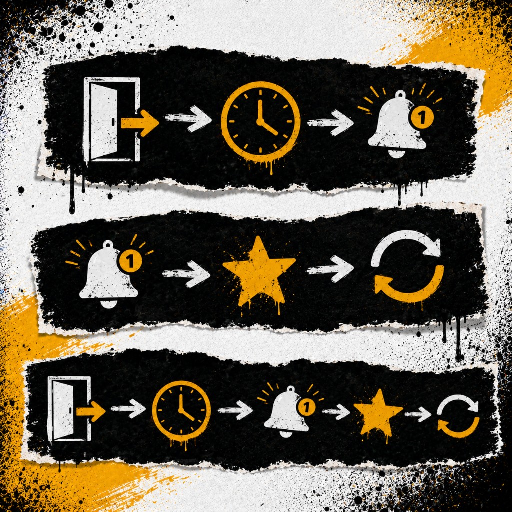Timeline graphic showing the post-visit review request window