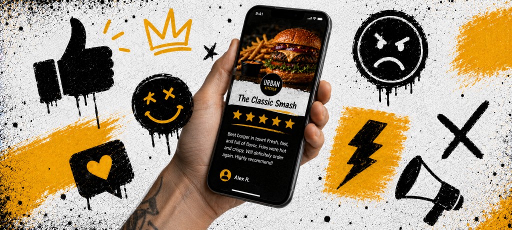 Phone showing a 5-star review with icons for ratings and growth
