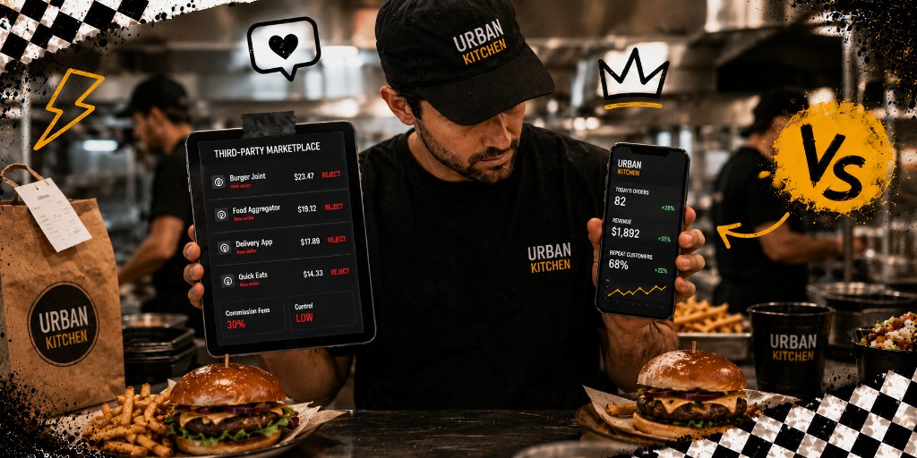 Restaurant operator comparing a marketplace tablet to a direct ordering phone dashboard in a busy kitchen