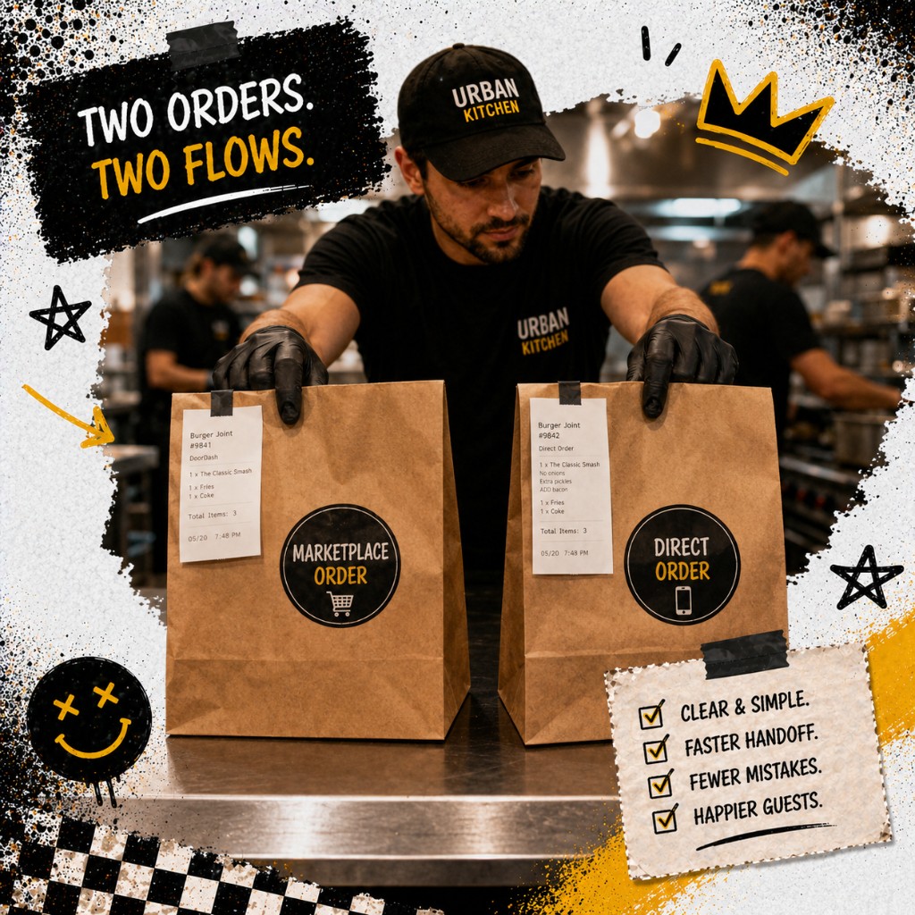 Kitchen worker placing marketplace order and direct order bags with distinct labels on the pass