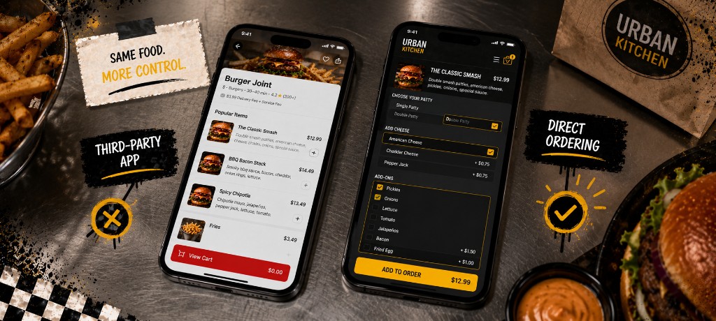 Two phones on a counter comparing a third-party app menu to a direct ordering menu with customization options