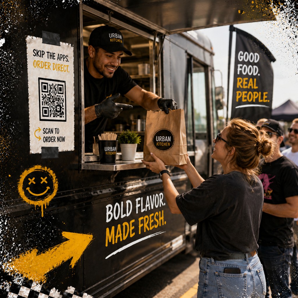 Food truck operator pointing to a scan-to-order QR poster while handing a bag to a guest in line