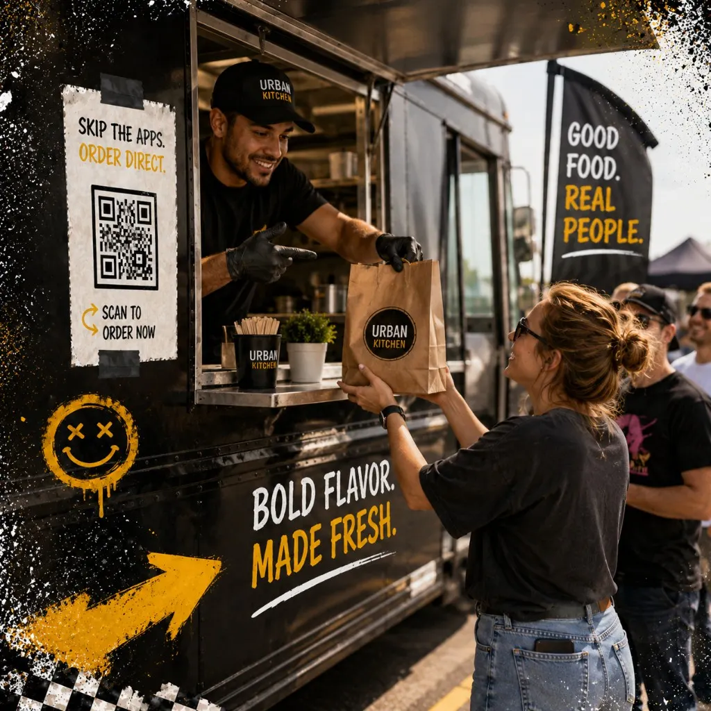 Food truck operator pointing to a scan-to-order QR poster while handing a bag to a guest in line