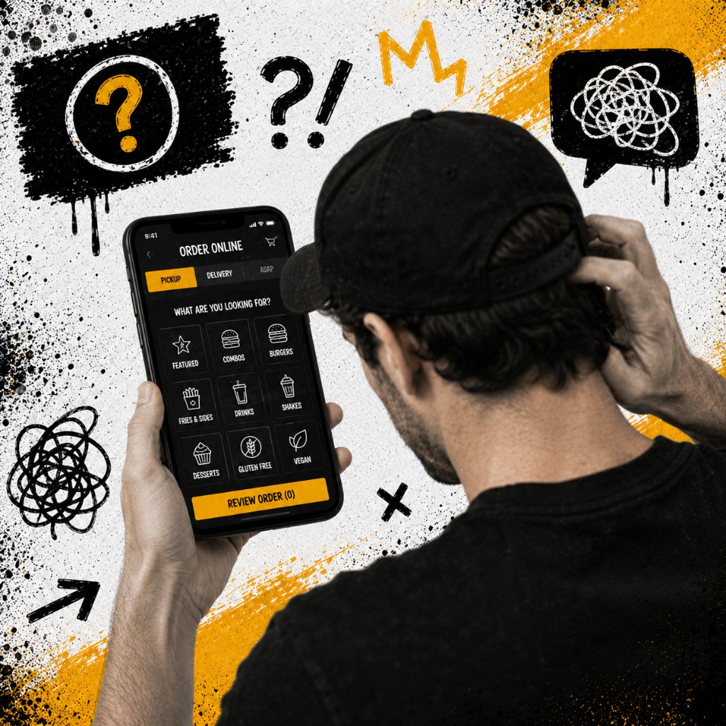 Guest looks confused while scrolling a busy order-online menu on their phone