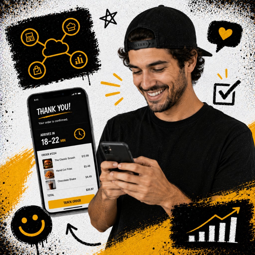 Guest smiling at a phone showing an order confirmed screen with a track-order button