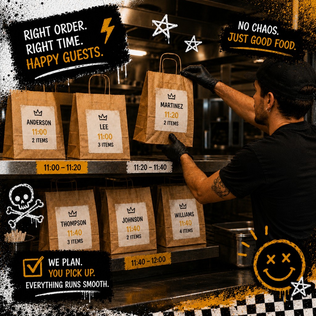 Kitchen worker organizing takeout bags on shelves labeled by pickup time window with guest names on each bag