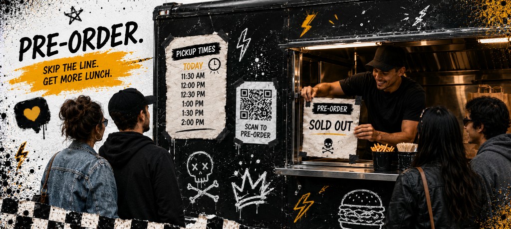 Food truck operator holding a pre-order sold out sign beside pickup times and QR pre-order posters while guests wait in line