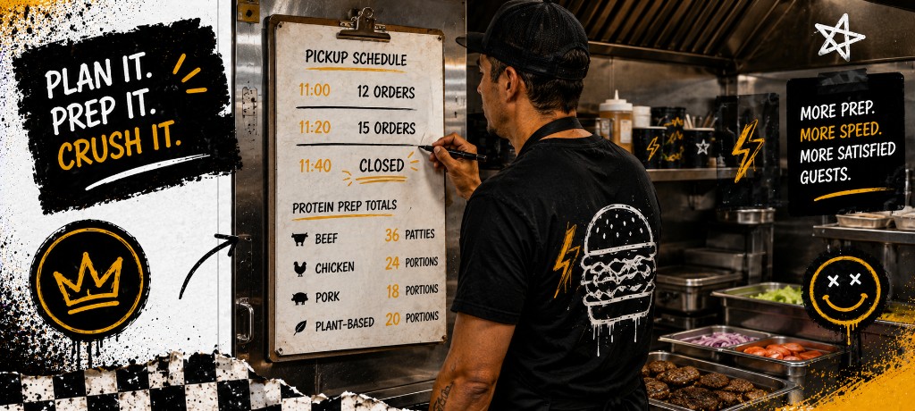 Kitchen worker updating a pickup schedule and protein prep totals on a clipboard before an event rush