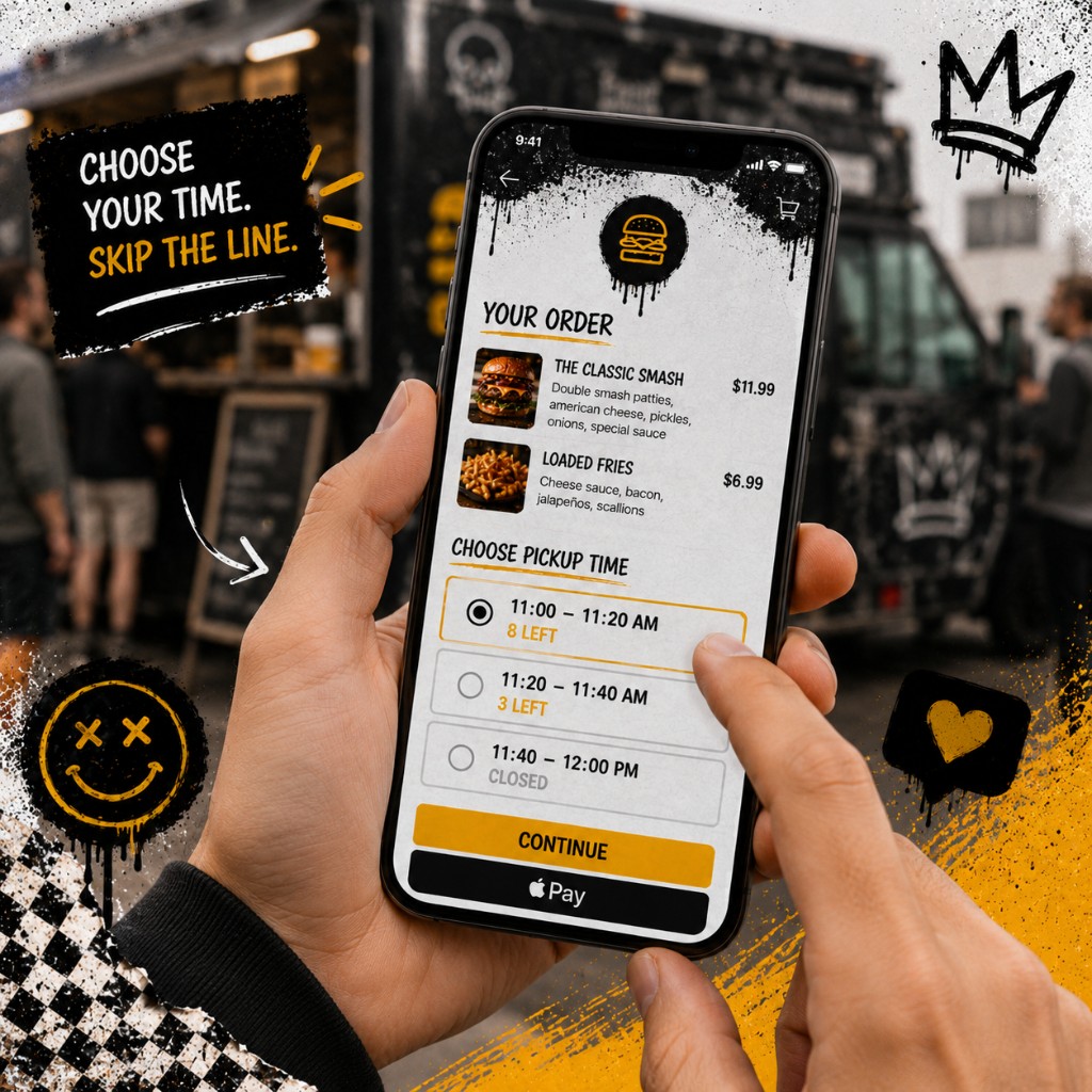 Guest selecting a pickup time window on a mobile pre-order checkout screen in front of a food truck