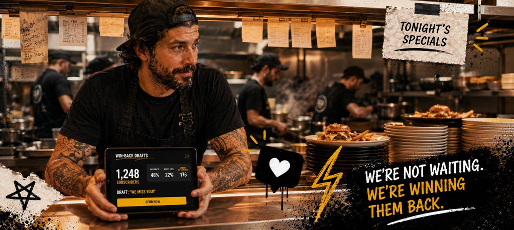 Restaurant operator at the pass holding a tablet showing win-back campaign drafts and metrics, busy kitchen and order tickets in the background