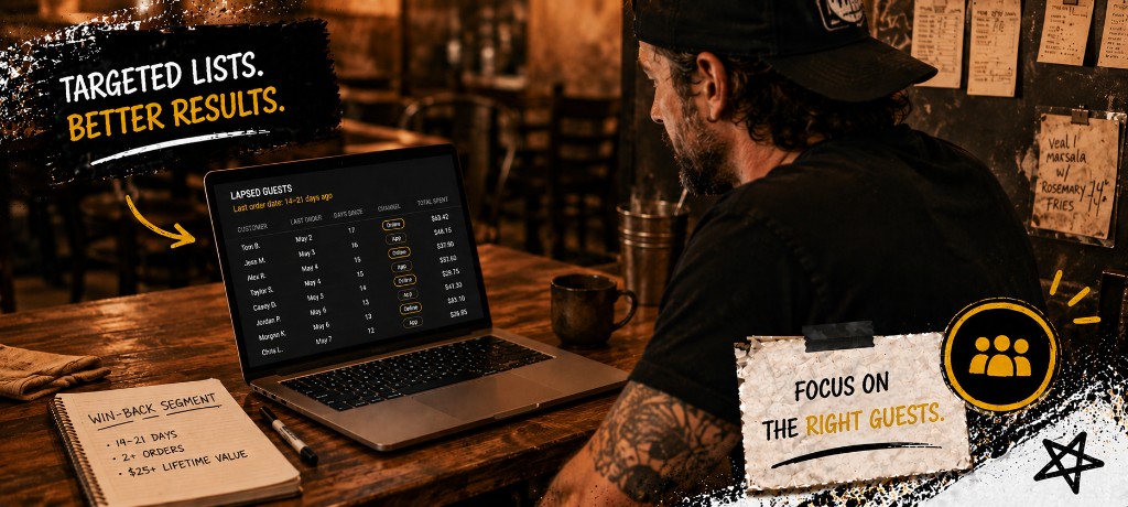 Operator at a laptop with a lapsed-guests table filtered by last order date, notebook with win-back segment criteria beside the keyboard