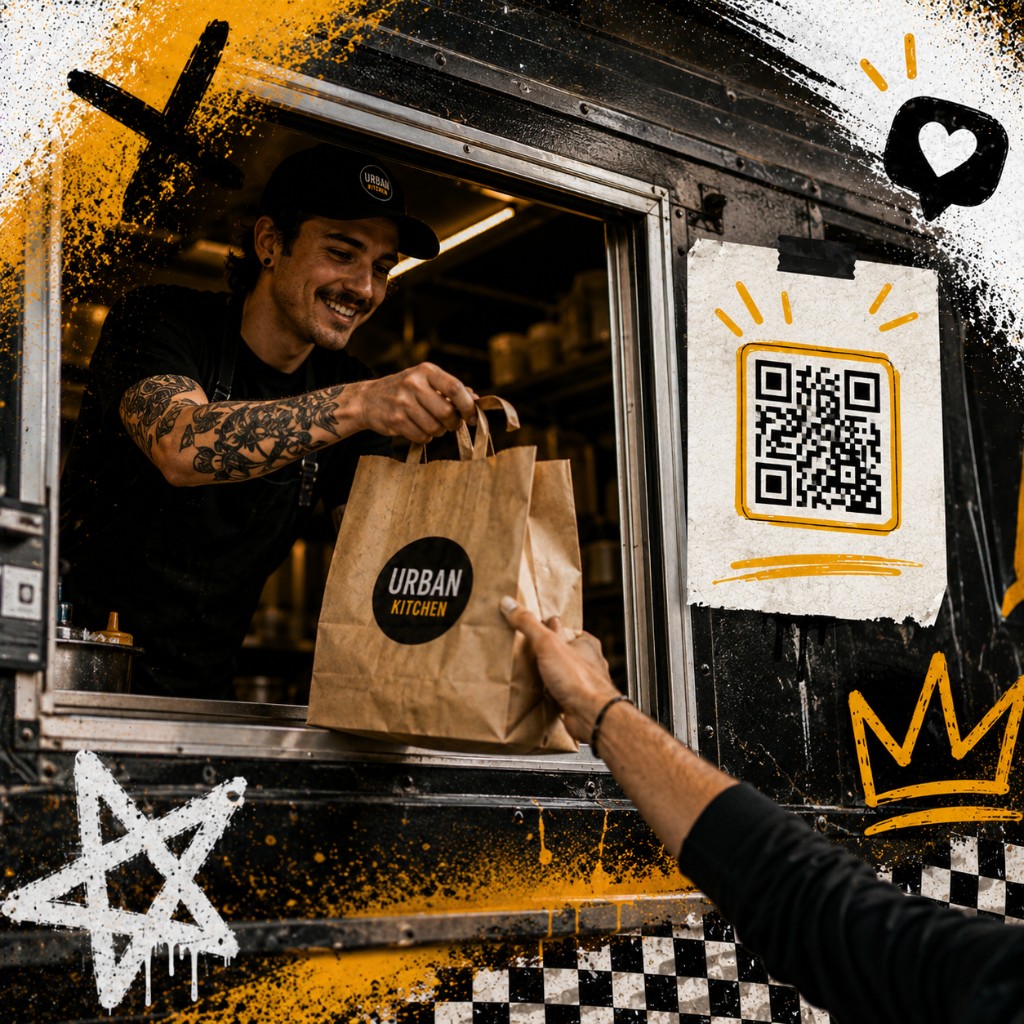 QR code on a food truck pickup window with text reading scan for deals and first access to specials