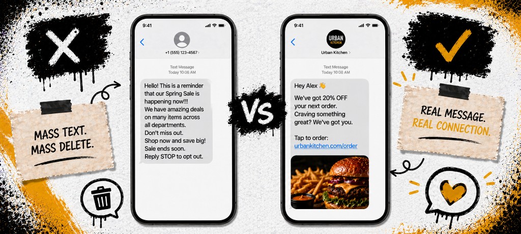Side-by-side phone screens showing a generic mass text versus a personalized restaurant SMS with a direct order link