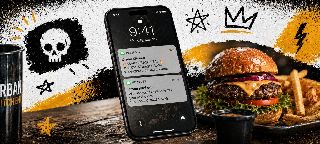 Restaurant owner checking SMS campaign results on phone during a quiet afternoon shift