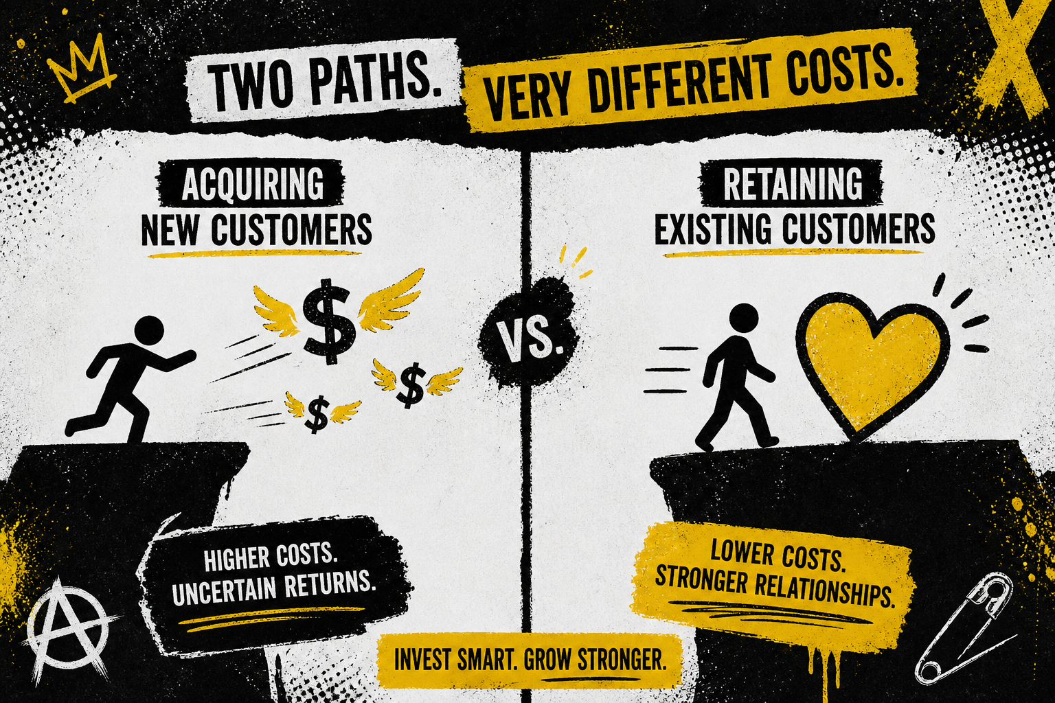 Side-by-side comparison showing new customer acquisition cost versus retention cost
