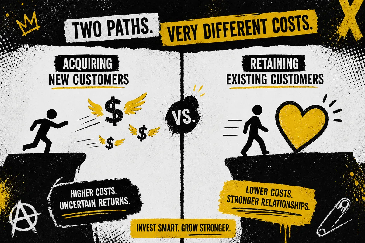 Side-by-side comparison showing new customer acquisition cost versus retention cost