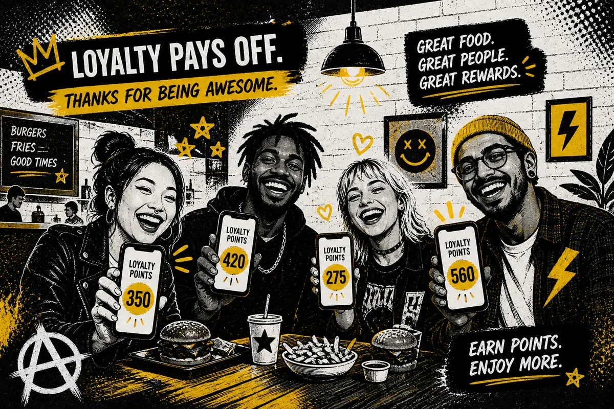 Customer checking loyalty rewards on smartphone while dining at a restaurant