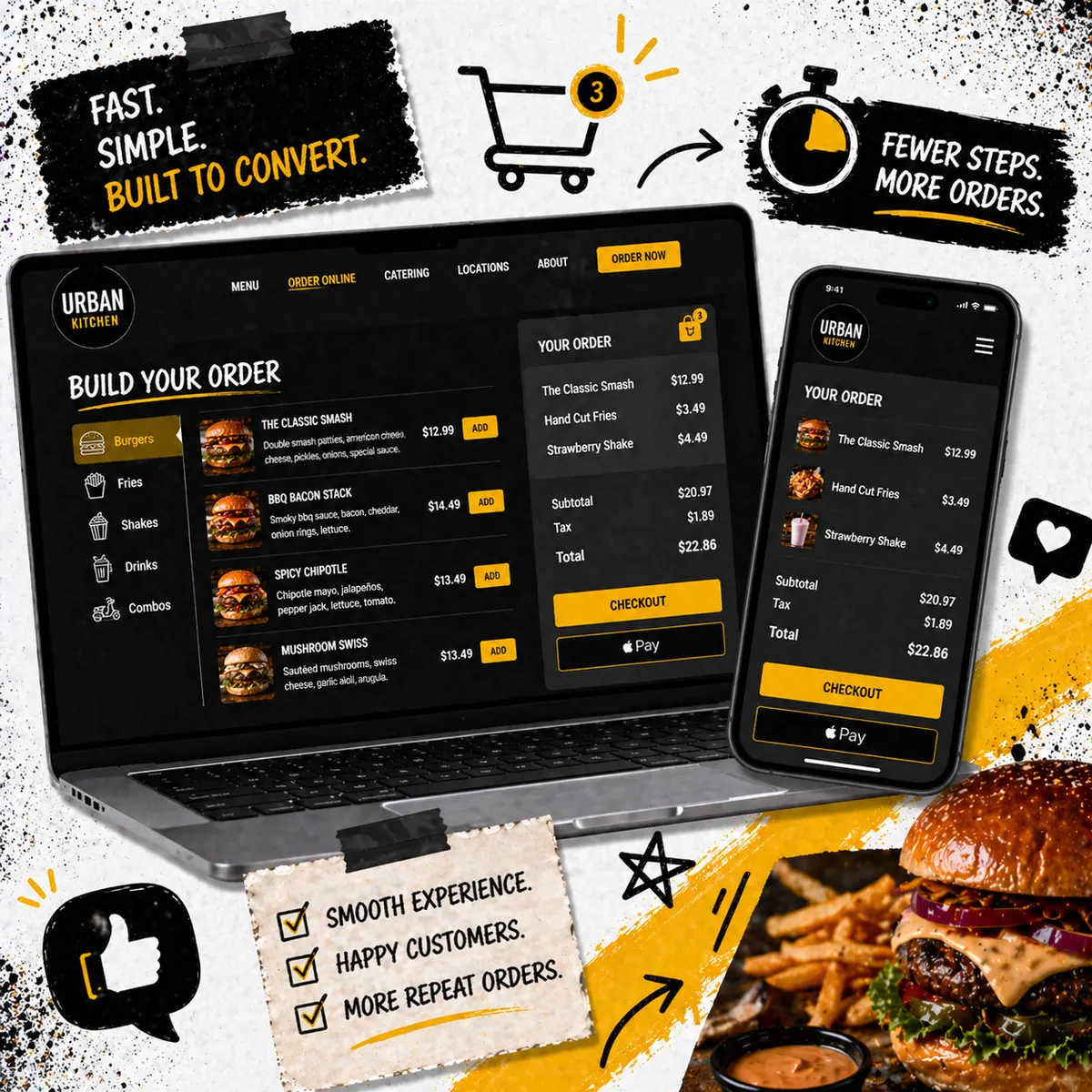 Layered restaurant menu cards showing combo meals and food photos
