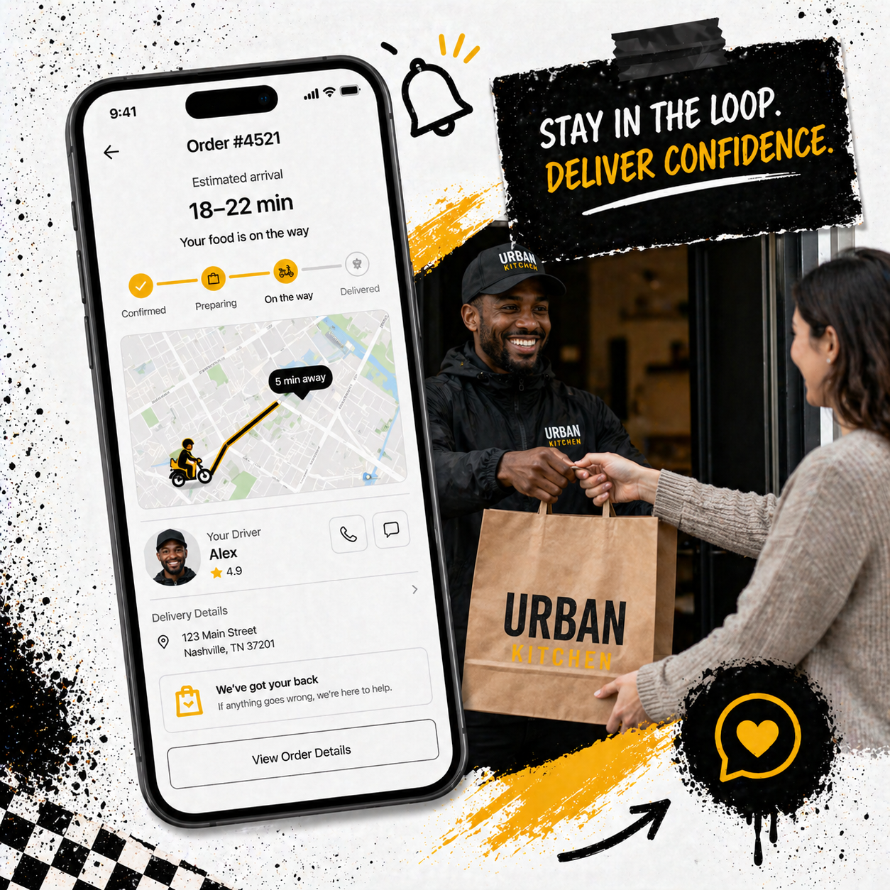 Phone mockup showing a restaurant ordering interface on an orange background