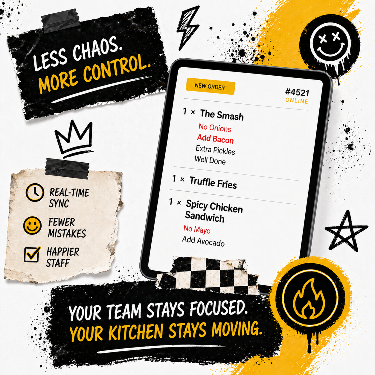 Phone screen showing restaurant order management cards