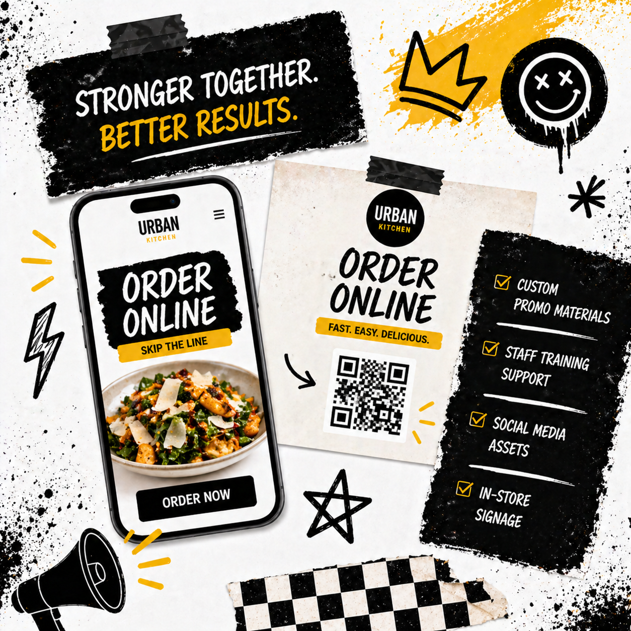 Phone mockup showing a restaurant ordering interface on an orange background