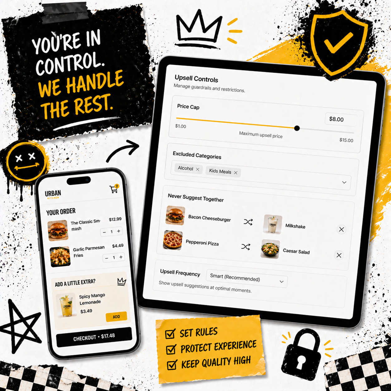 Phone mockup showing a restaurant ordering interface on an orange background