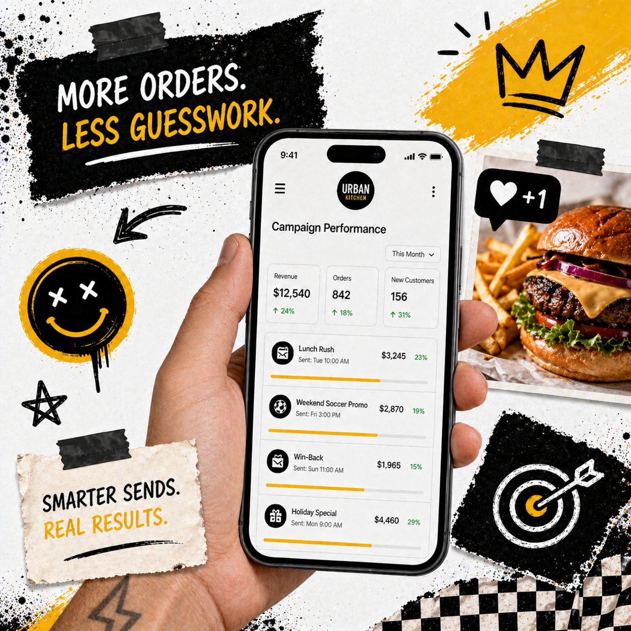 Phone mockup showing a restaurant ordering interface on an orange background