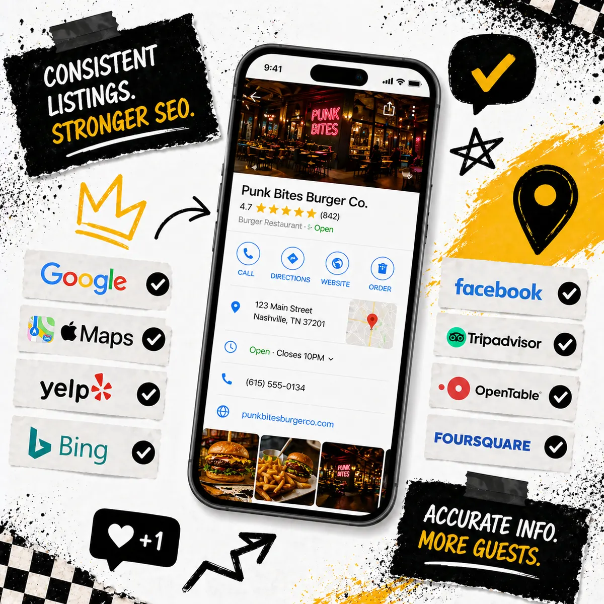 Phone showing a restaurant business listing with photos, map, and menu actions