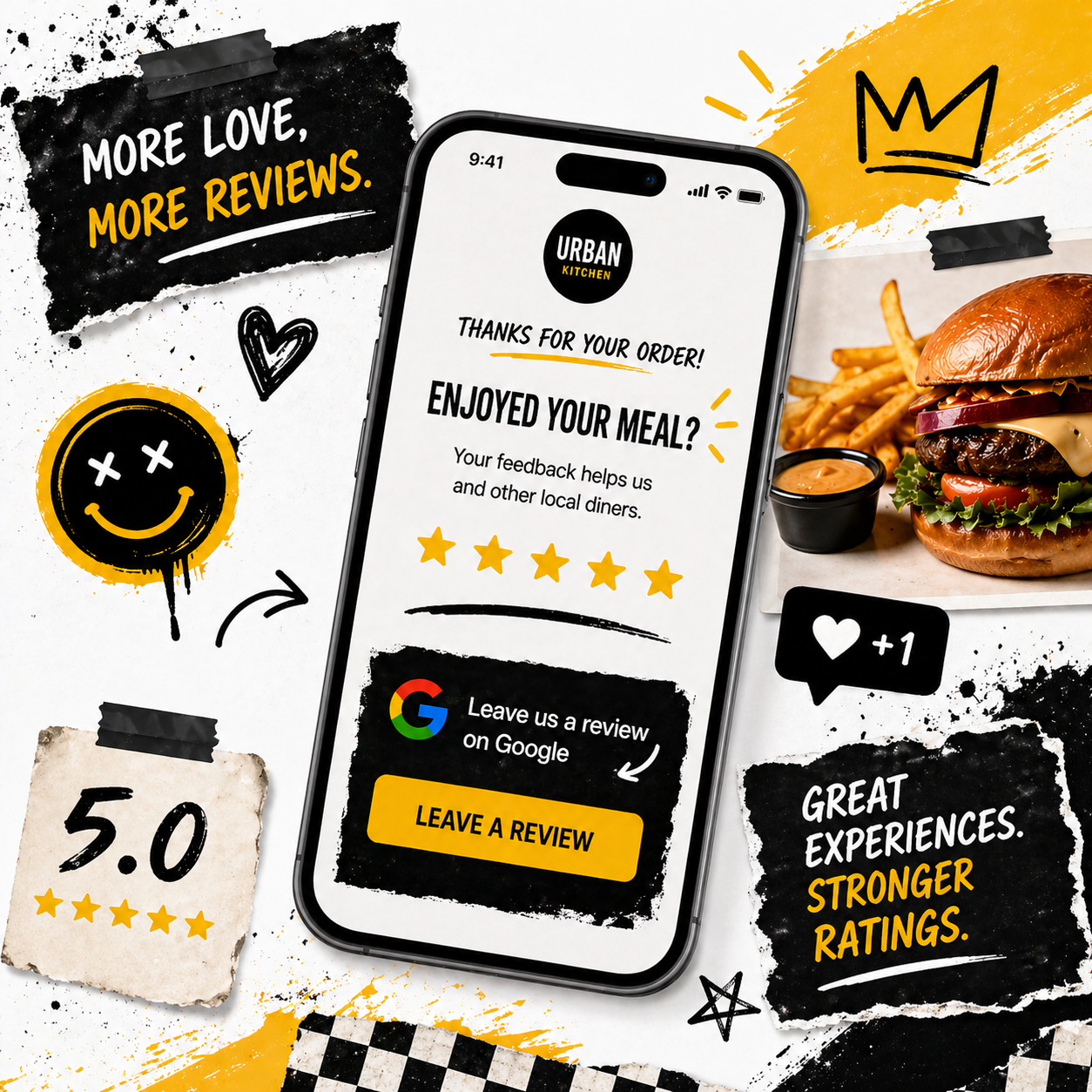 Review prompts and messaging shown on a phone screen