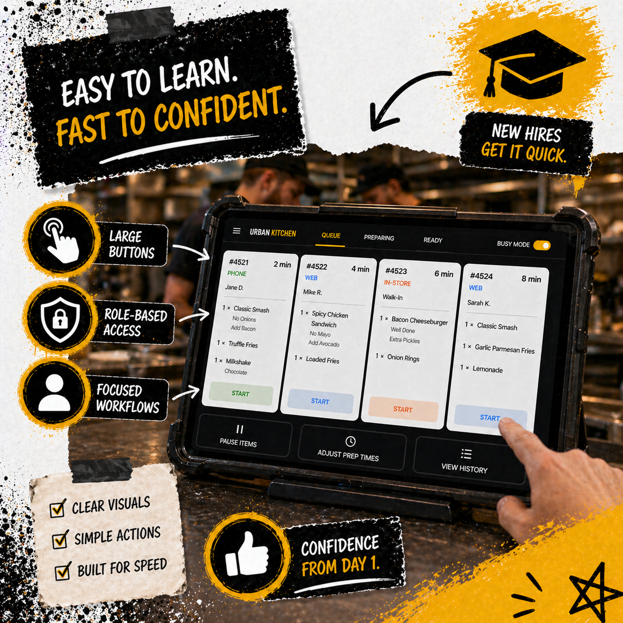 Phone mockup showing a restaurant ordering interface on an orange background