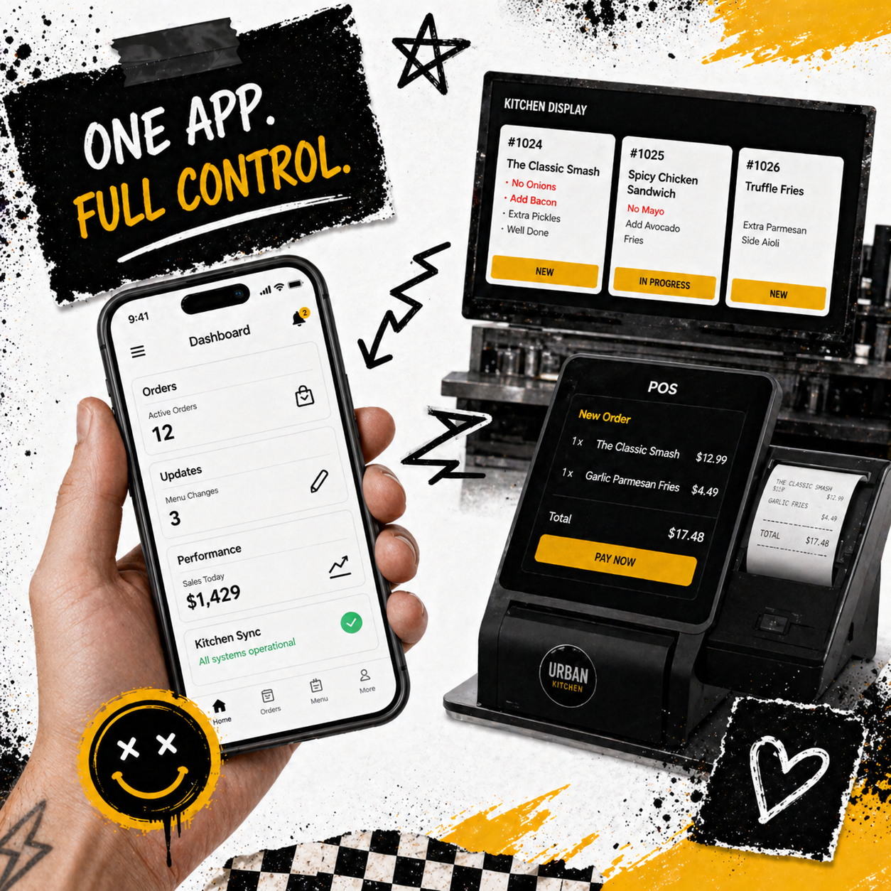 Phone mockup showing a restaurant ordering interface on an orange background